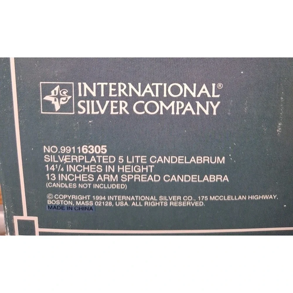 NIB 1994 International Silver Co 5-Arm Silverplate Candelabra 14.5